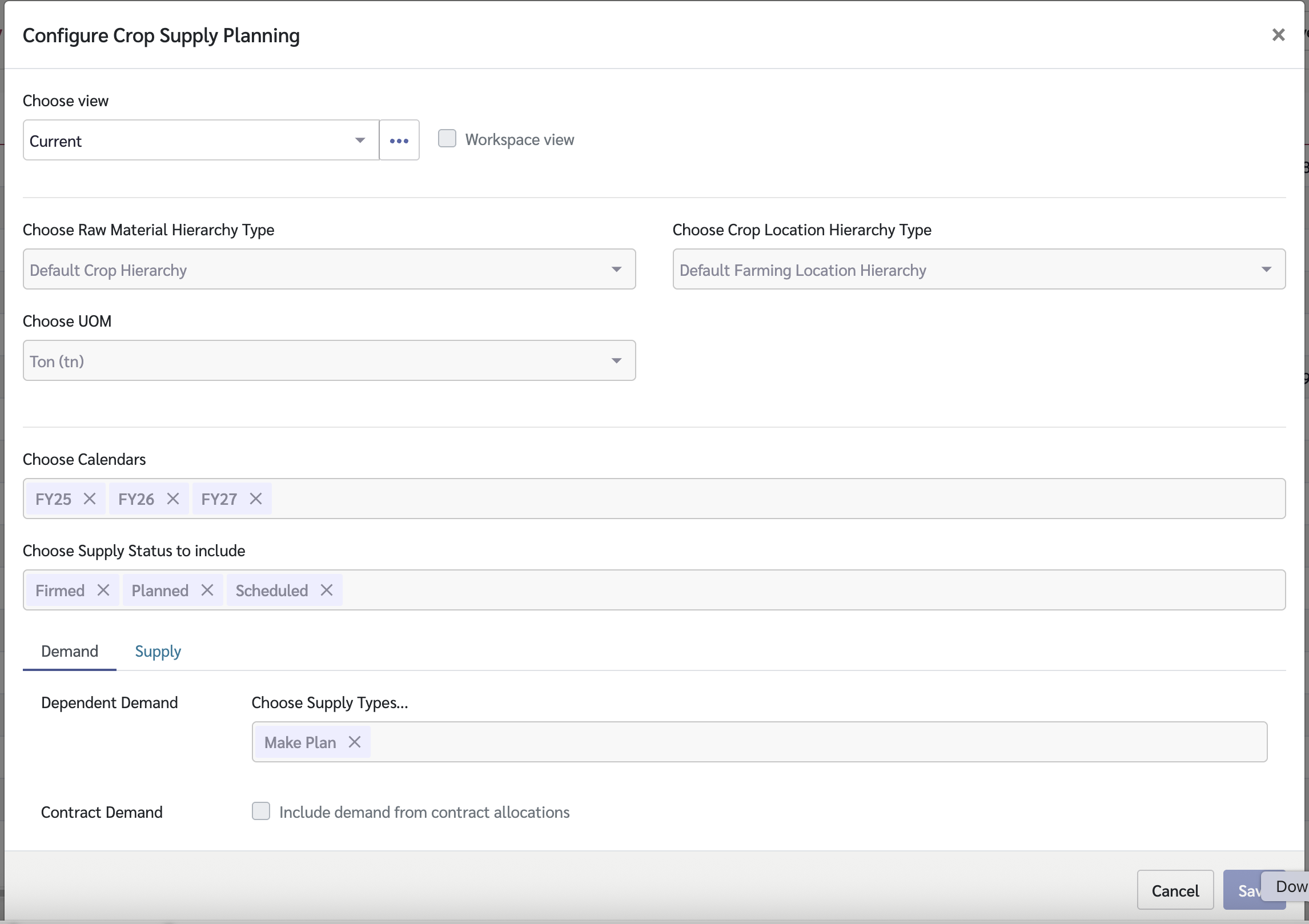 Crop Supply Planning View Configuration