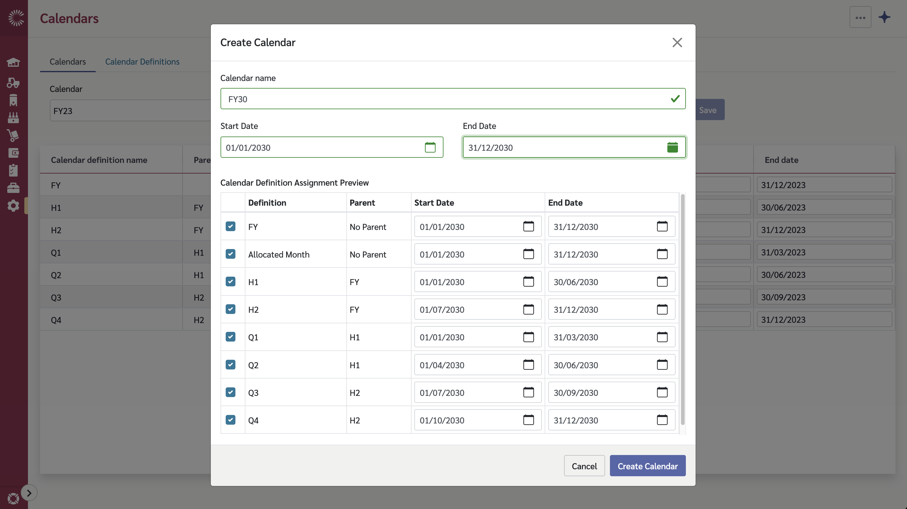 Calendar creation modal showing the Calendar Definition Assignment Preview