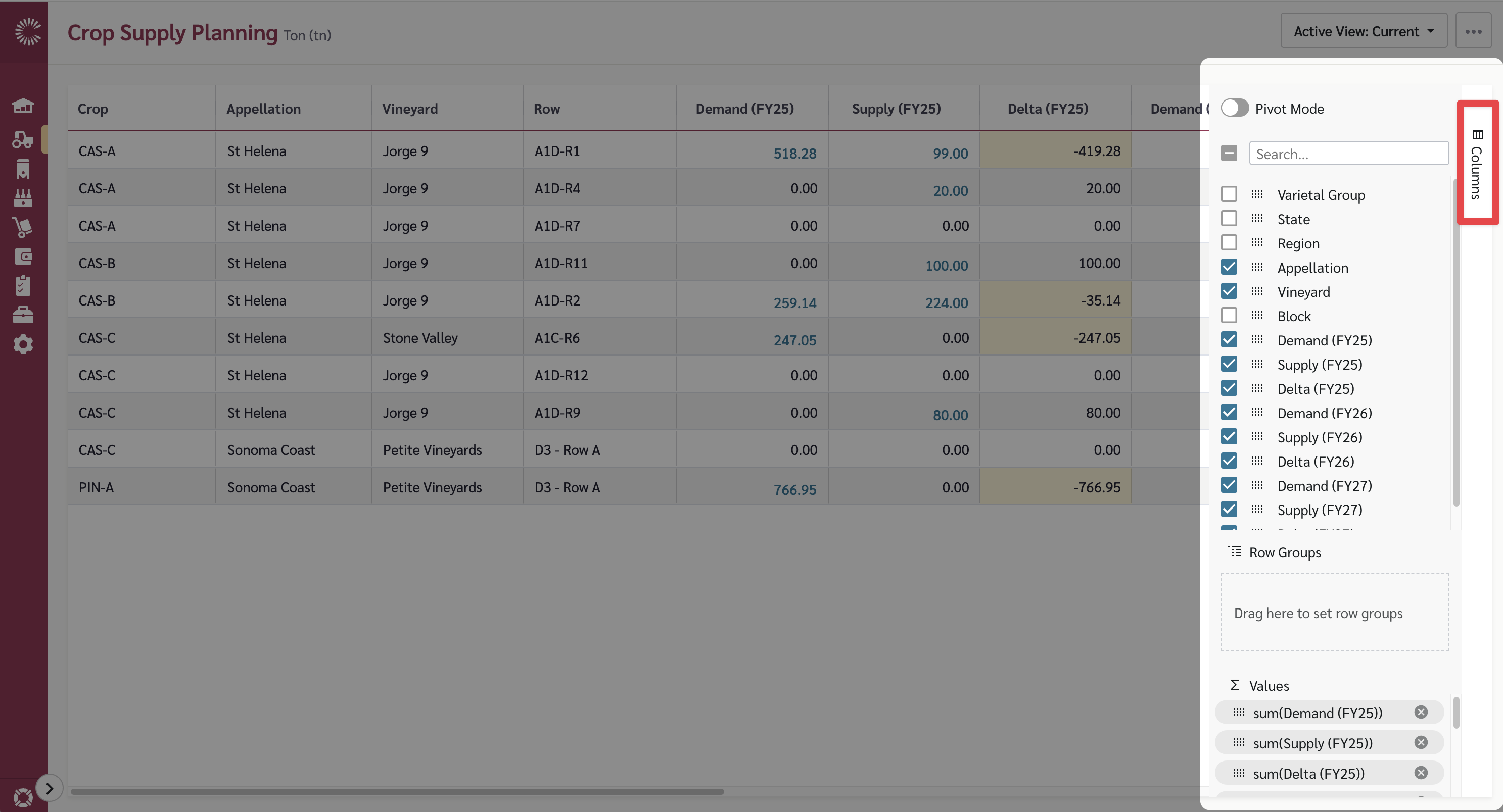 Crop Supply Planning Column Selector